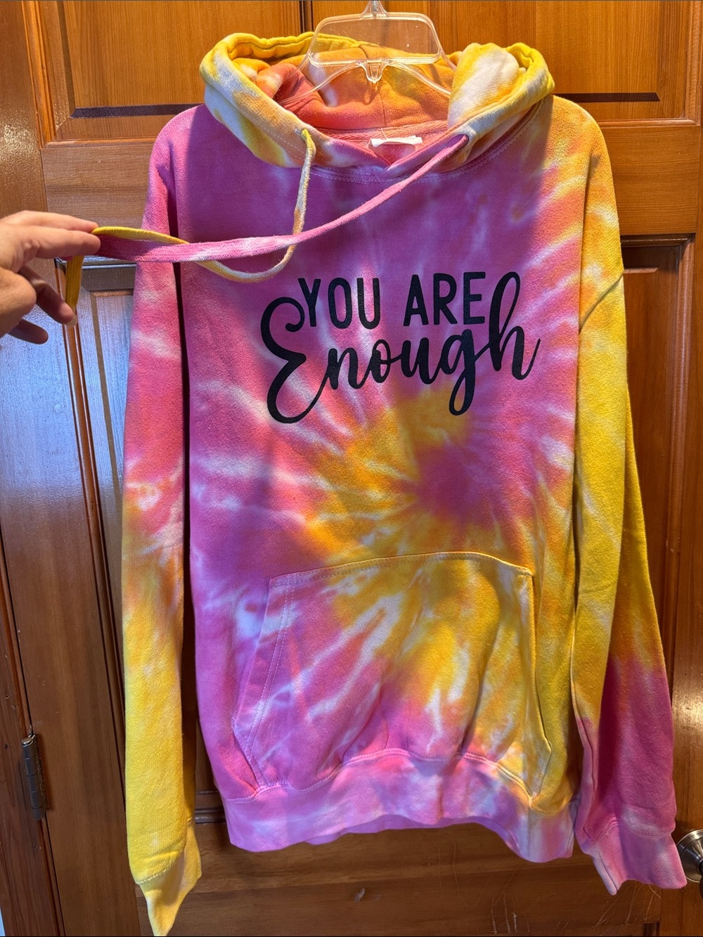 You Are Enough Tie-Dye Hoodie Sweatshirt - Pink & Yellow Size Medium